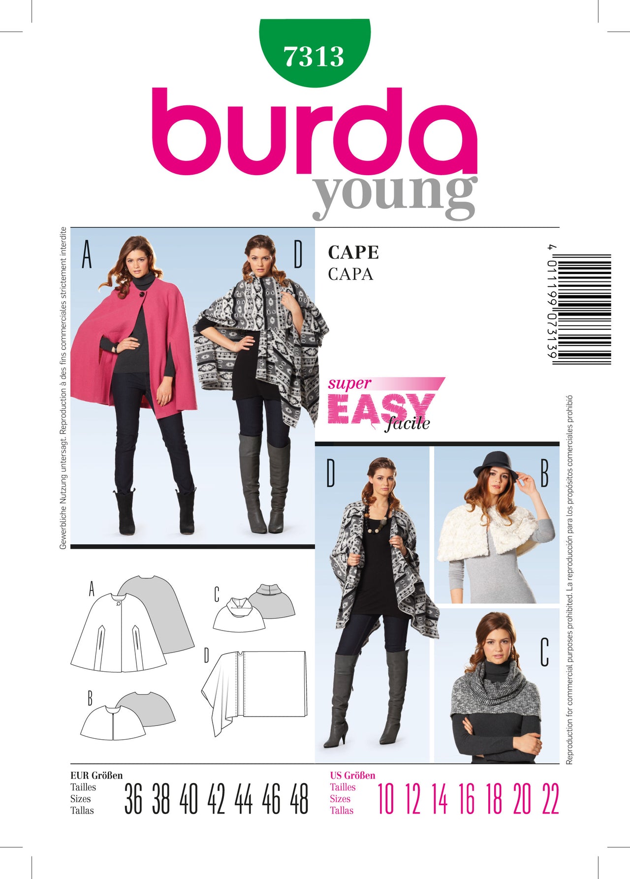 Burda Style Cape Sewing Pattern B7313 - Paper Pattern, Size 10-22