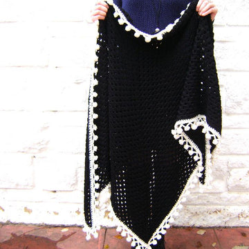 Midnight Granny Shawl with Pom Pom Fringe