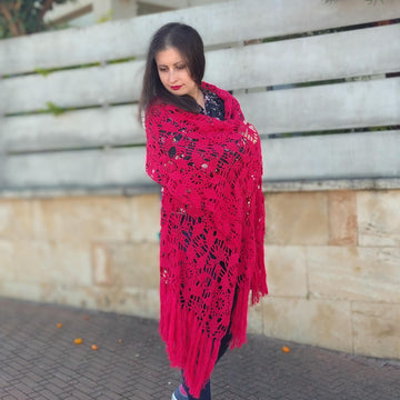 Crochet motif shawl with fringe