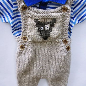 Baby’s Knitted Dungaree with motif pocket (dog or cat) 0-3 years
