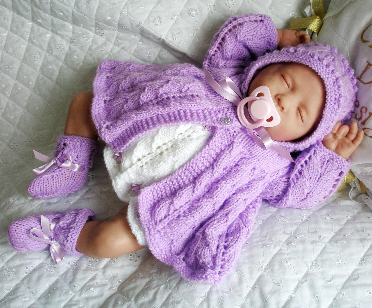 Knitting pattern for Dolls 17-19" matinee coat, dress, bonnet and boots