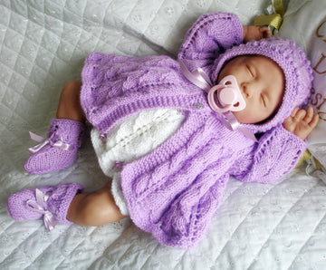 Knitting pattern for Dolls 17-19" matinee coat, dress, bonnet and boots