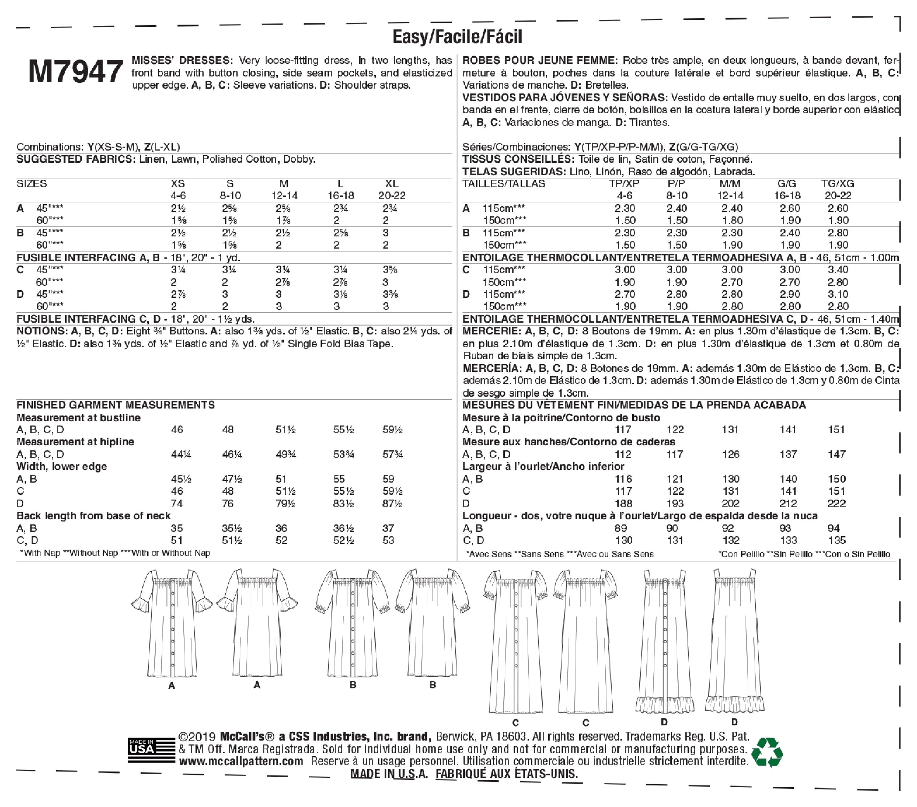 McCall's Misses' Dresses M7947 - Sewing Pattern