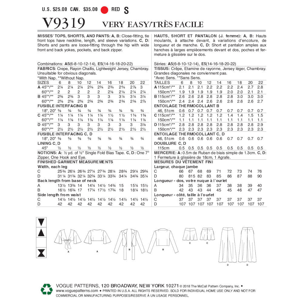 Vogue Misses' Top, Shorts and Pants V9319 - Sewing Pattern