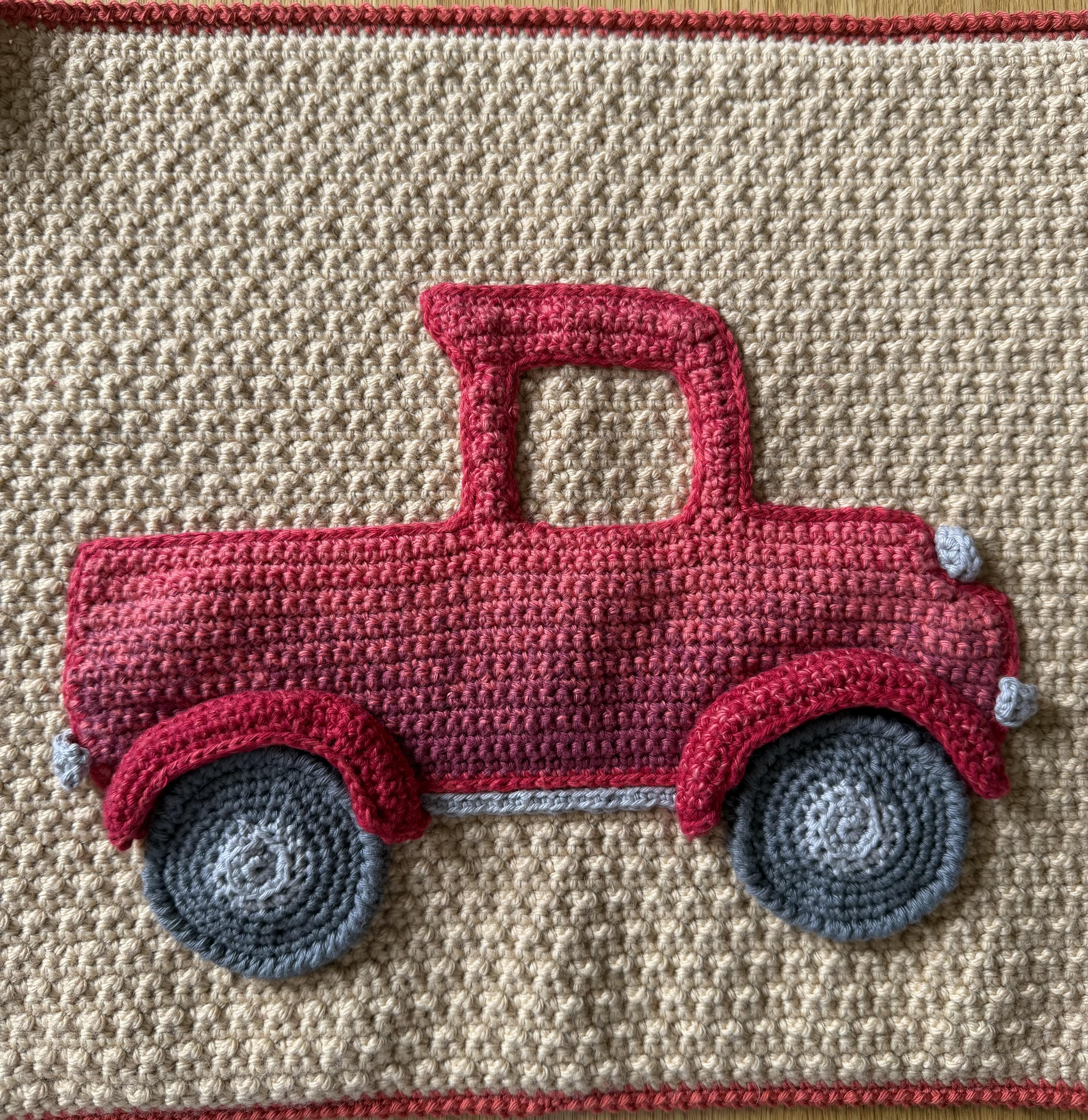 Pumpkin Truck crochet cushion.