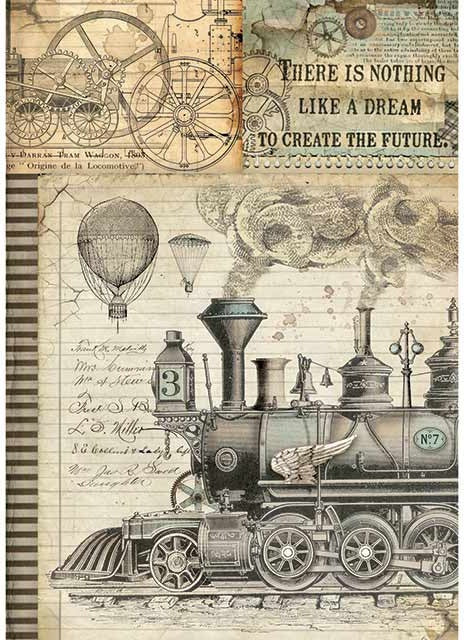 Stamperia Intl Stamperia Rice Paper Sheet A4 - Voyages Fantastiques Train