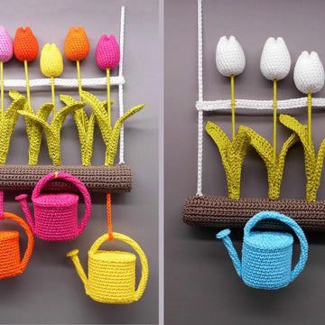 Tulips & watering cans hanging decoration - simple from scraps of yarn