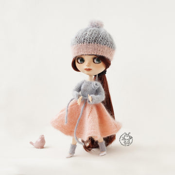 Pink and gray outfit for doll knitted flat