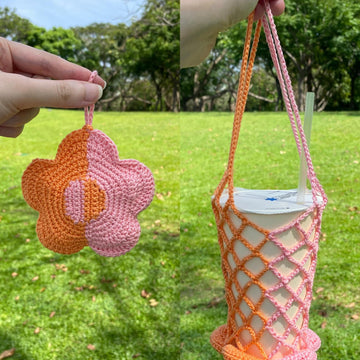 Flower Water Bottle Holder PDF pattern – market bag, cup sleeve, bag charm, flower keychain, crochet cup holder, flower bag charm