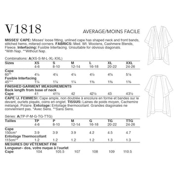 Vogue Misses' Cape V1818 - Sewing Pattern