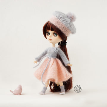 Pink and gray outfit for doll knitted flat