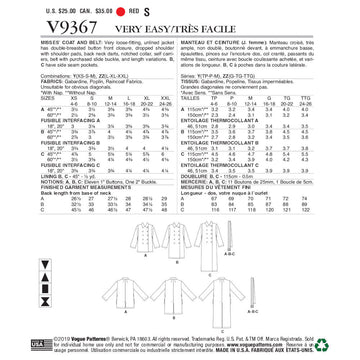 Vogue Misses' Coat and Belt V9367 - Sewing Pattern