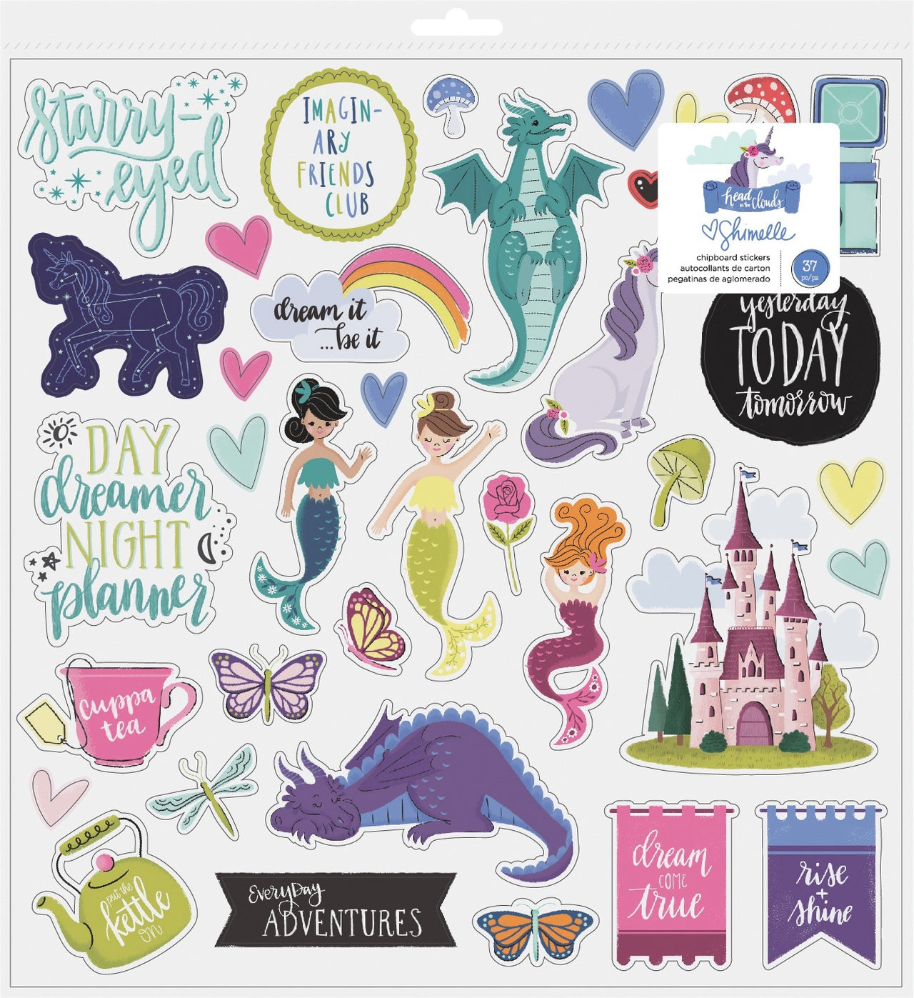 American Crafts Shimelle Head In The Clouds Chipboard Stickers 12"X12" 37/Pk - W/Glitter Accents