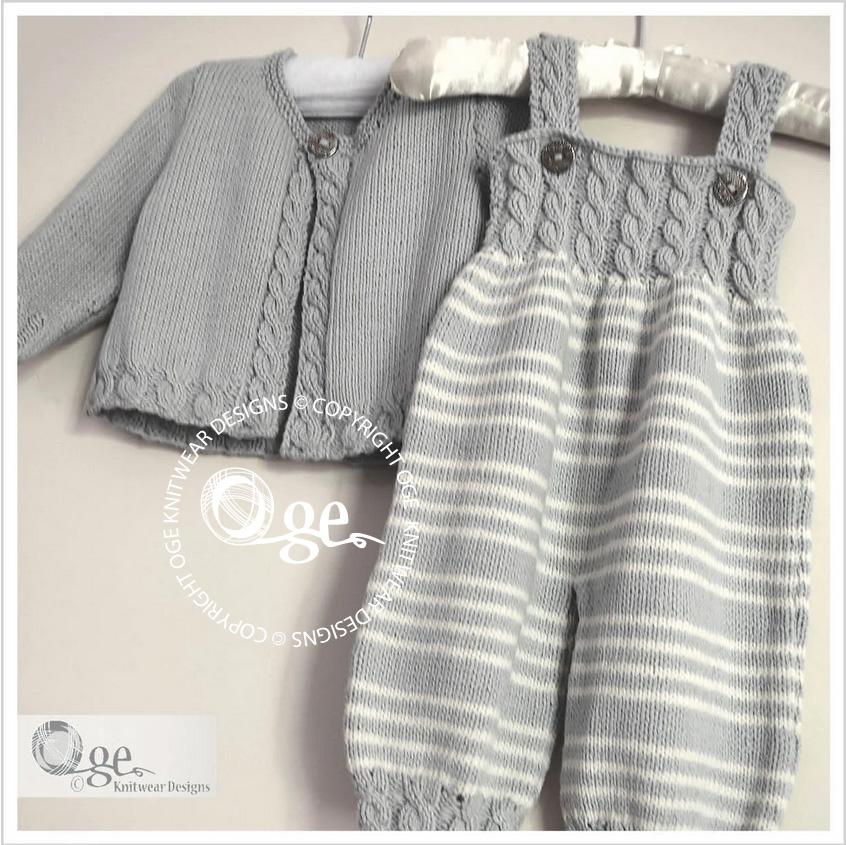 Baby Overalls with detailed cabled bodice and matching sweater - P037