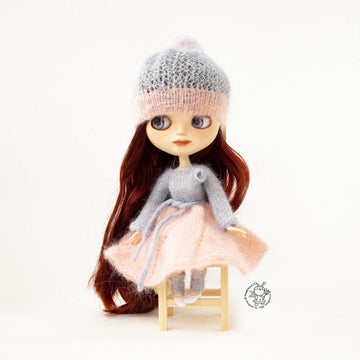 Pink and gray outfit for doll knitted flat