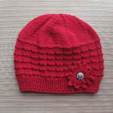 Red Hat in Waffle Stitch with a Knit Flower for a Lady