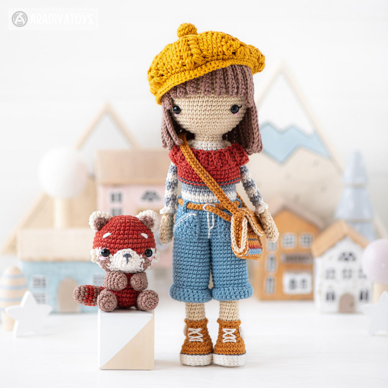 Crochet doll pattern amigurumi Kimberly doll with red panda Roxy by AradiyaToys beret tutorial PDF file handmade DIY dolls crochet patterns by AradiyaToys (Olka Novytska)