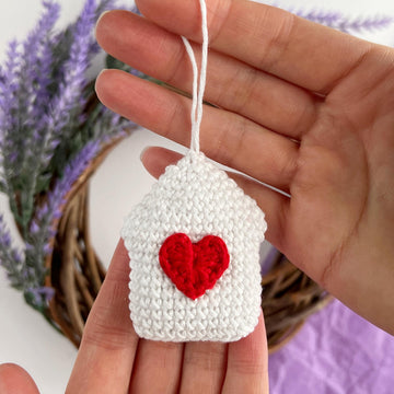Crochet house with heart Amigurumi pattern Valentine ornament Crochet keyring charm Car hanger