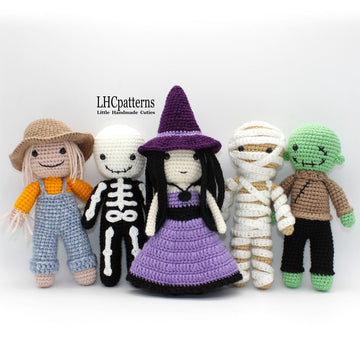 Crochet Pattern: Halloween Characters – Scarecrow, Skeleton, Witch, Mummy and Zombie Crochet Dolls (English)