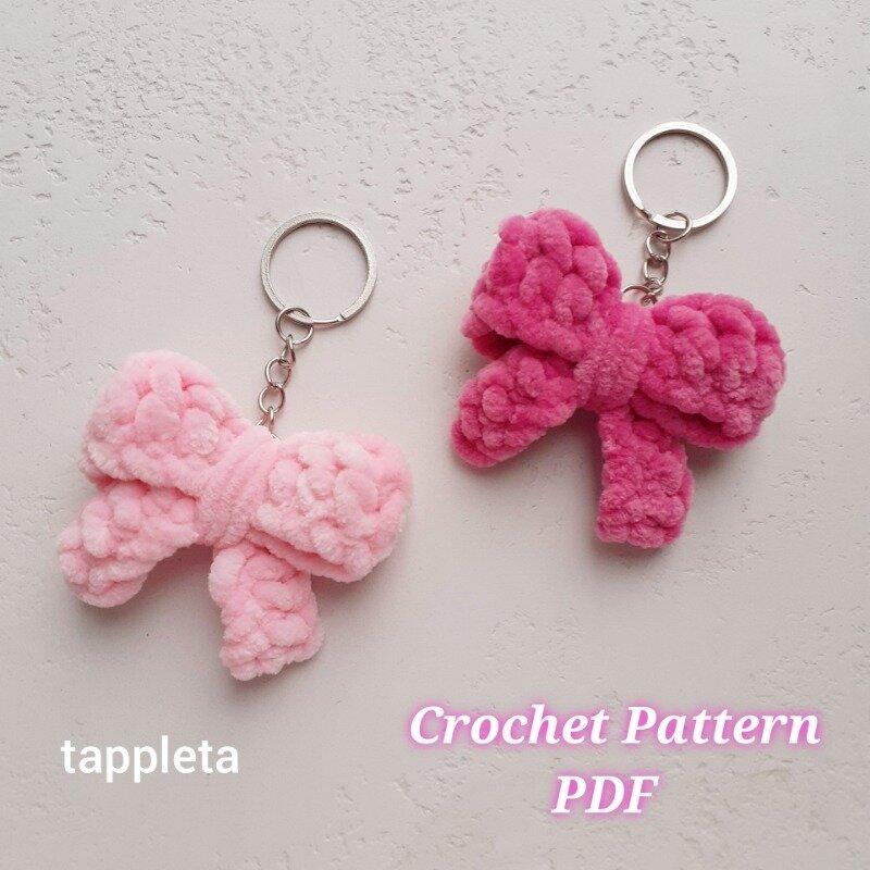 Bow keychain crochet pattern, Easy crochet plush bow beginner pattern, Coquette charm, Girly accessories handmade, Purse charm DIY gift idea