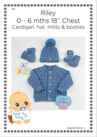 Riley unisex baby knitting pattern cardigan, 2 hats and booties 0-6mths