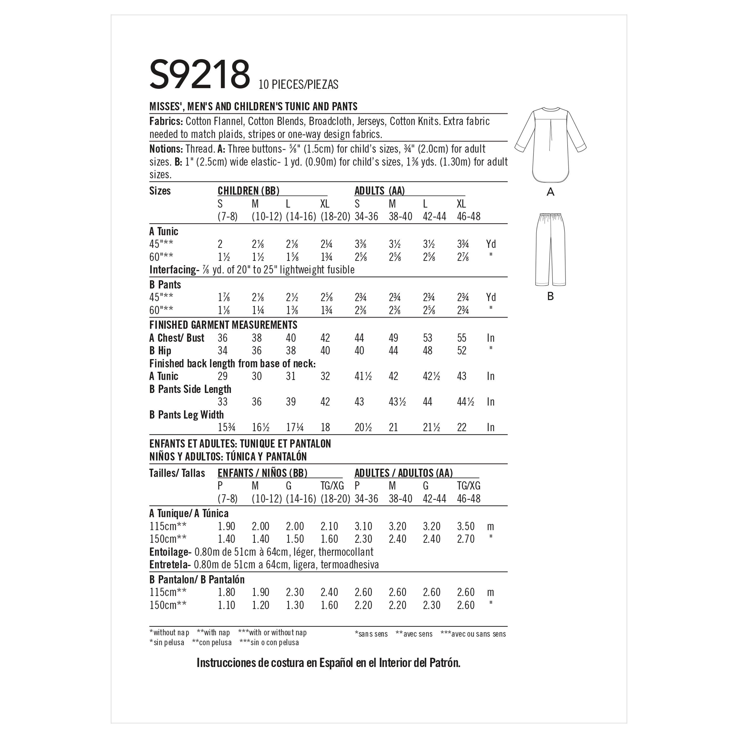 Simplicity Misses', Men's & Children's Tunic & Pants S9218 - Sewing Pattern