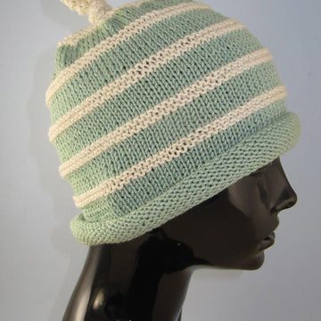 Stripe Roll Brim Topknot Beanie Hat
