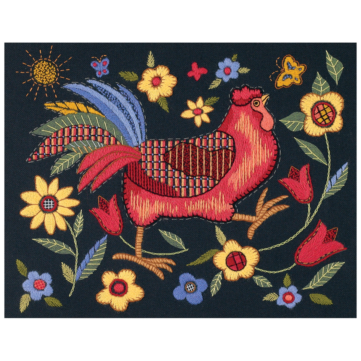 Dimensions Rooster On Black-Stitched In Wool/Thread Crewel Emboirdery Kit - 11x14in