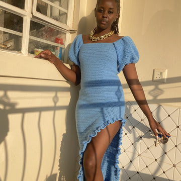 Azure Ruffle Slit Dress,Crochet dress pattern,Instant PDF pattern, Midi length crochet dress, crochet gown dress easy pattern, easy crochet