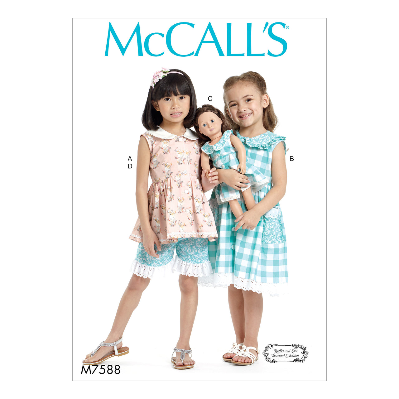McCall's Children's/Girls' Peter Pan Collar Button-Front Top and Dress, Shorts, and Doll Dress M7588 - Sewing Pattern