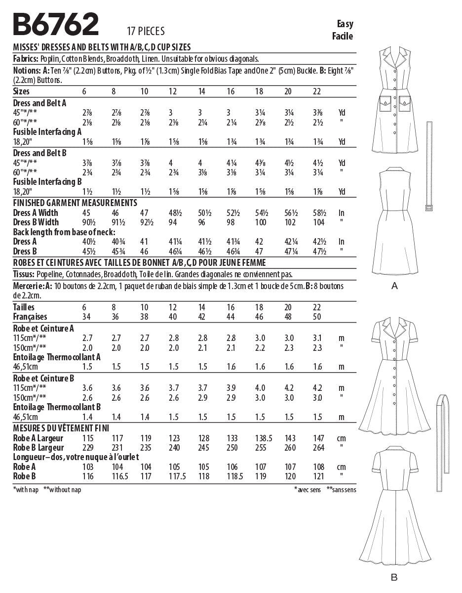 Butterick Misses' Dress, Sash and Belt B6762 - Sewing Pattern