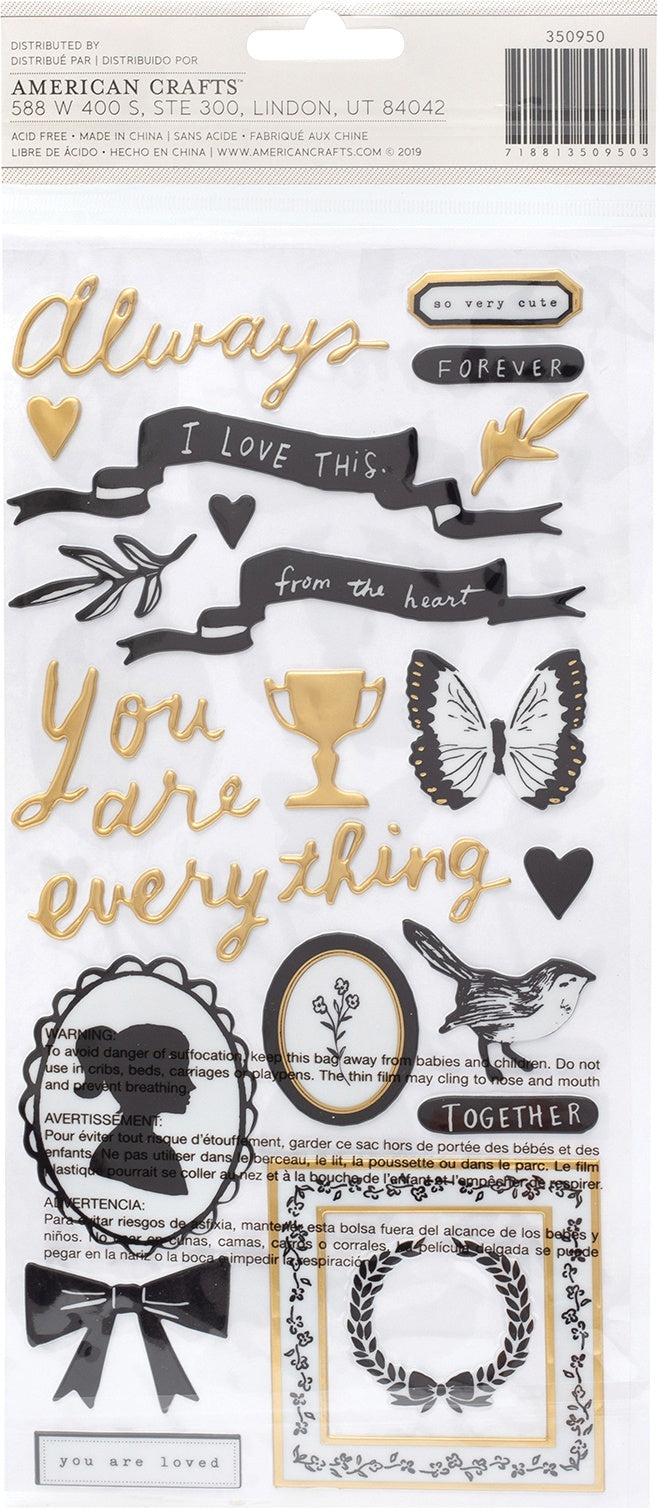 American Crafts Maggie Holmes Heritage Thickers Stickers 56/Pkg - Heartfelt Phrase & Icons/Puffy