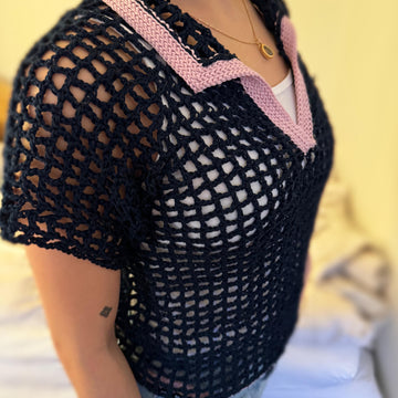 Polo Mesh Shirt Crochet Pattern (English)|Hood Mesh Crochet Top