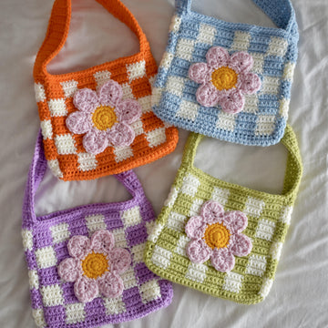 Crocheted checked flower bag