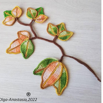 Crochet autumn decor, bright branches with leaves