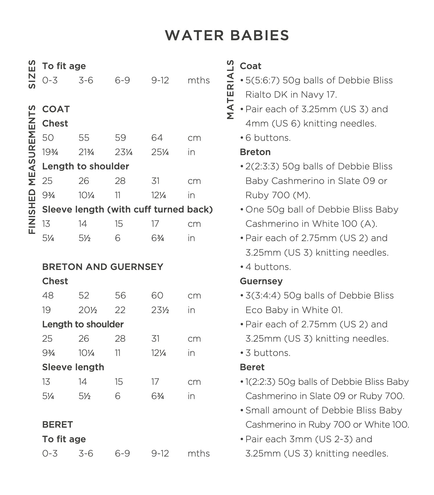 Water Babies Coat, Breton, Guernsey & Beret - Layette Knitting Pattern for Babies in Debbie Bliss - Downloadable PDF