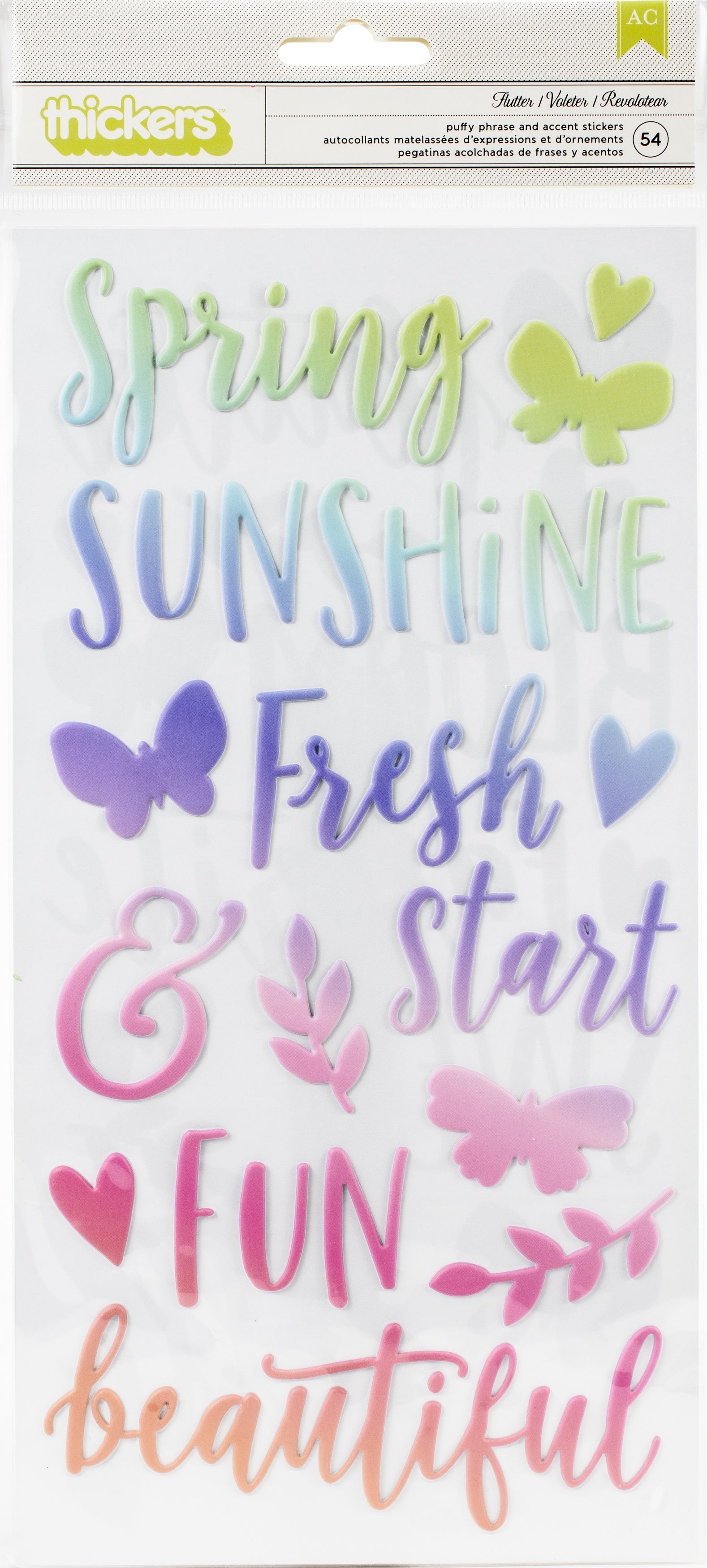 American Crafts Paige Evans Bloom Street Thickers Stickers 54/Pkg - Flutter Phrase/Puffy Vinyl