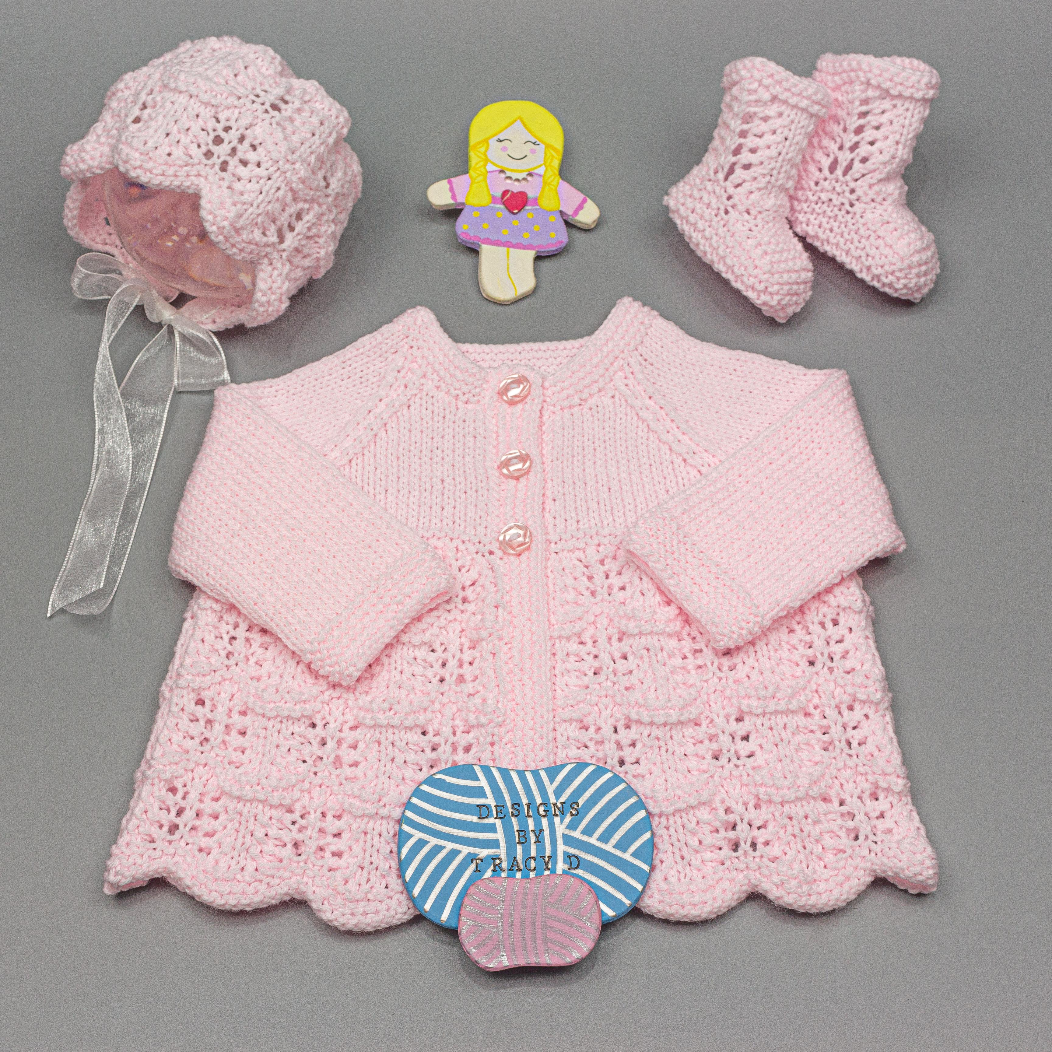 Bella baby Matinee, Bonnet, booties and mitts knitting pattern