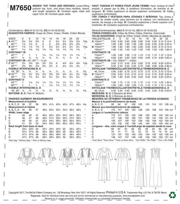 McCall's Misses' V-Neck or Square-Neck Top, Tunic, and Dresses M7650 - Sewing Pattern