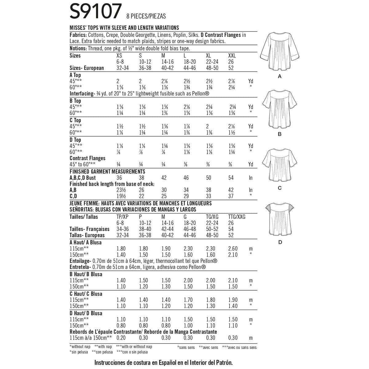 Simplicity Misses' Tops With Sleeve & Length Variation S9107 - Paper Pattern, Size A (XS-S-M-L-XL-XXL)