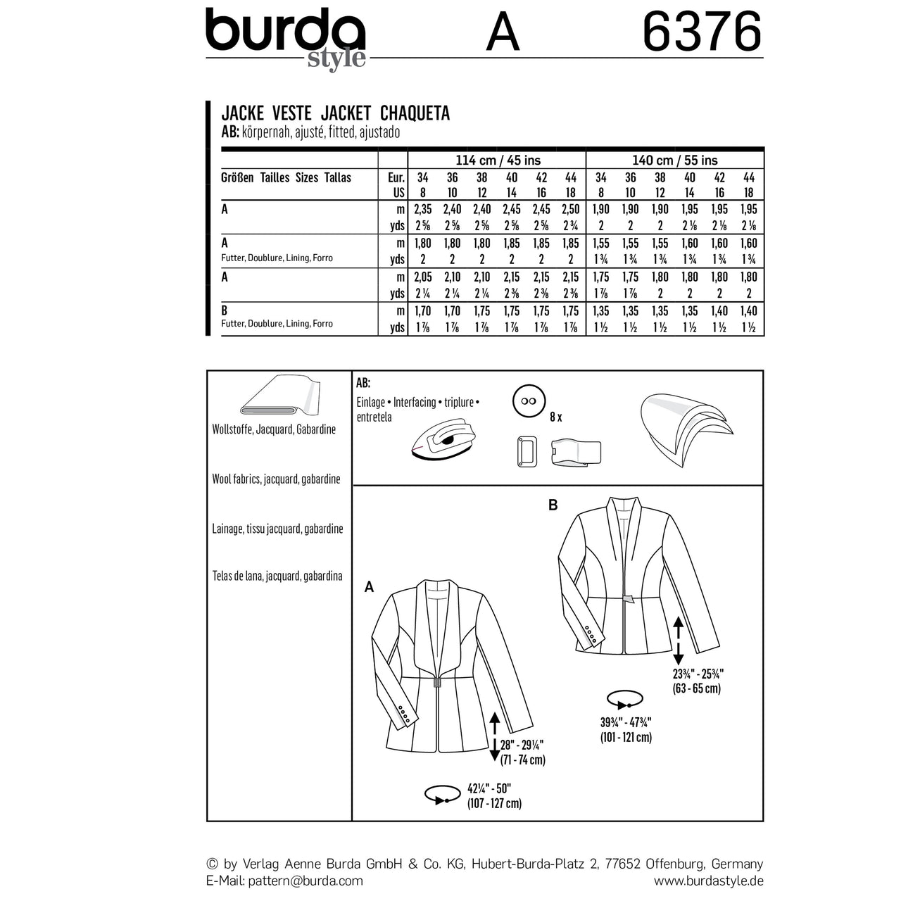 Burda Style Women's Blazers B6376 - Paper Pattern, Size 8-18