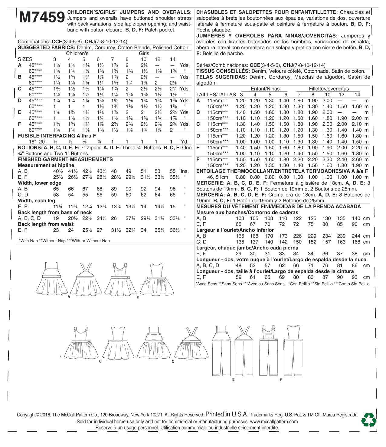 McCall's Children's/Girls' Jumpers and Overalls M7459 - Sewing Pattern
