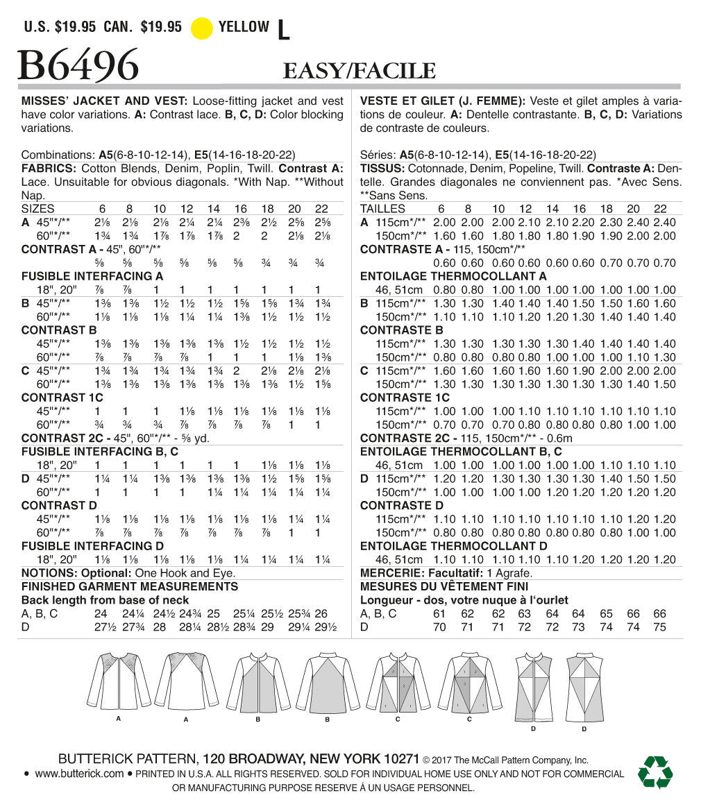 Butterick Misses' Jackets and Vests with Contrast and Seam Variations B6496 - Sewing Pattern