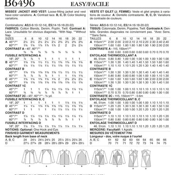 Butterick Misses' Jackets and Vests with Contrast and Seam Variations B6496 - Sewing Pattern