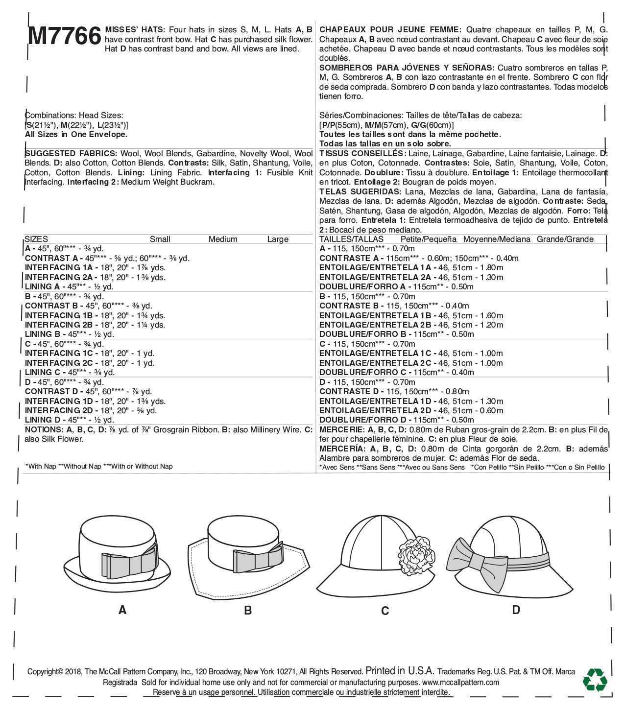 McCall's Misses' Hats M7766 - Paper Pattern All Sizes In One Envelope