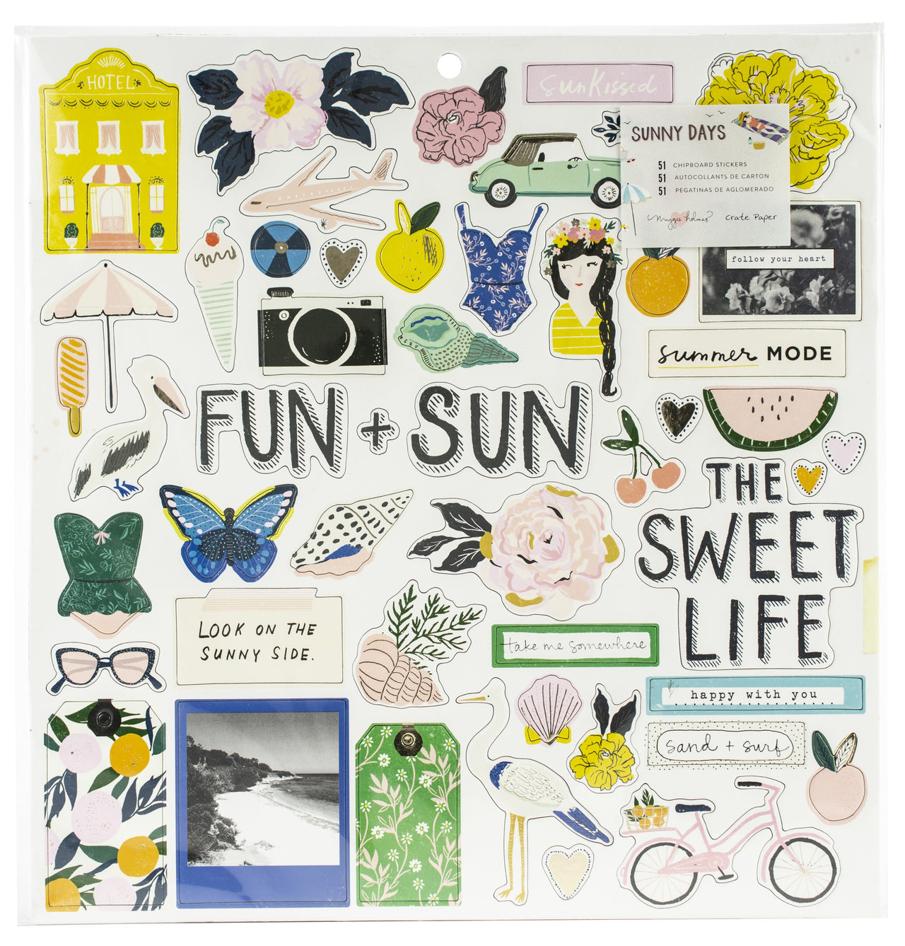 American Crafts Maggie Holmes Sunny Days Chipboard Stickers 51/Pkg - W/Gold Foil Accents