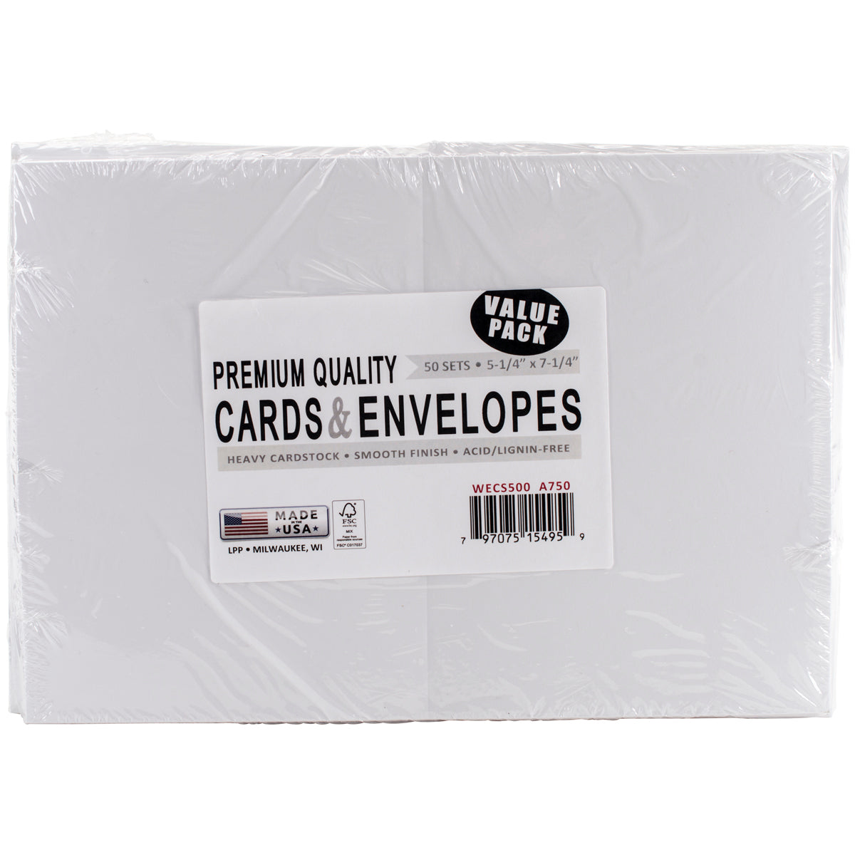 Leader Paper Products Leader A7 Greeting Cards W/Envelopes (5.25"X7.25") 50/Pkg - White
