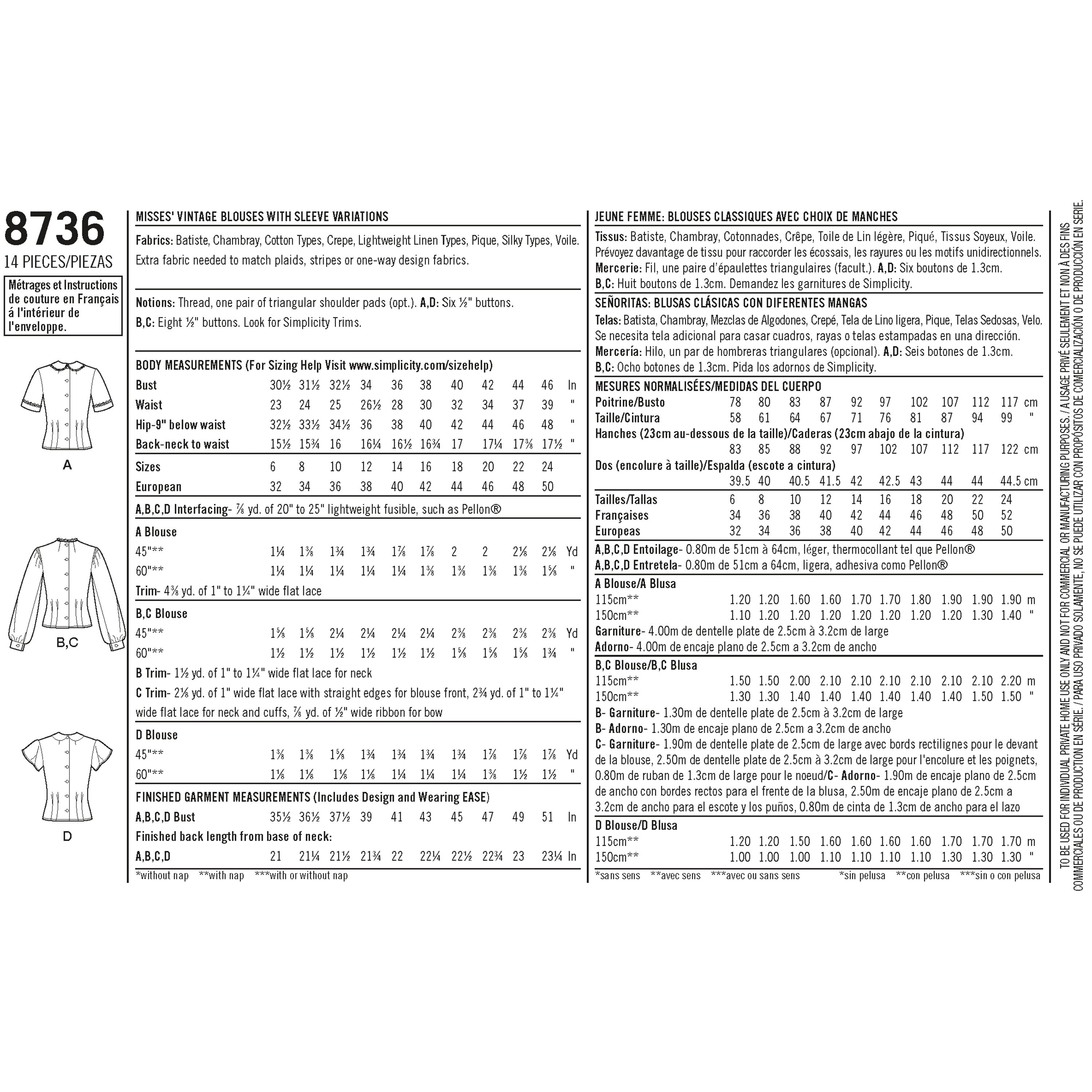 Simplicity 8736 Women's Vintage Blouses - Sewing Pattern