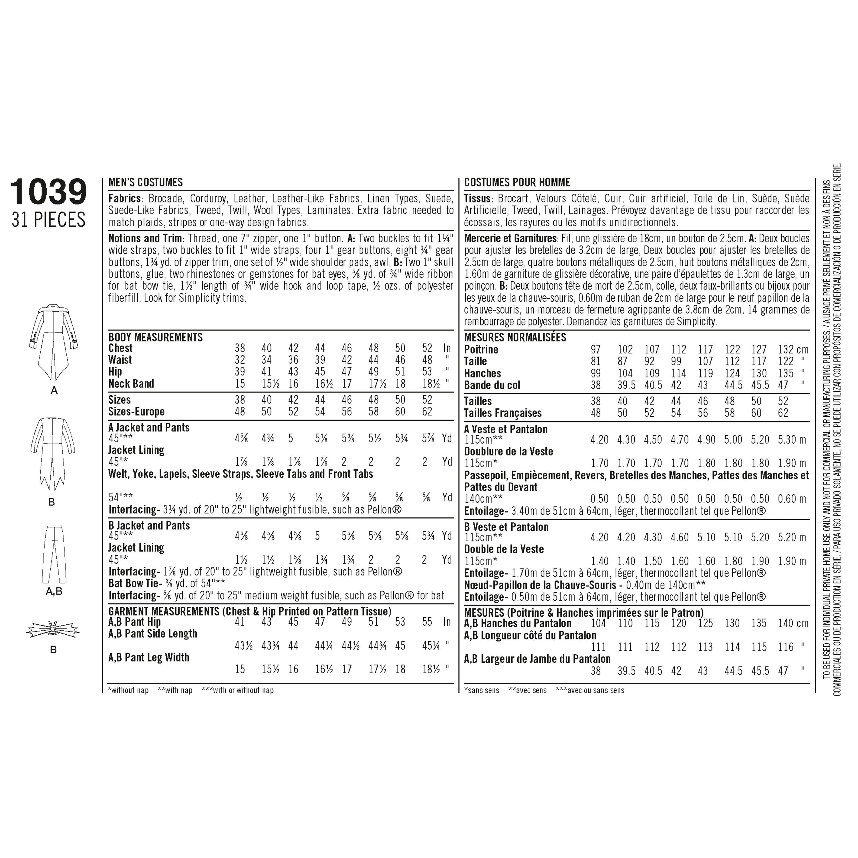 Simplicity Men's Cosplay Costumes 1039 - Sewing Pattern