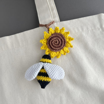 Sunflower with bee crochet pattern Car hanger, Bag charm amigurumi keyring